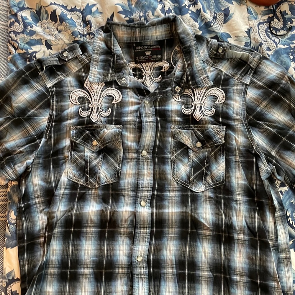 Mens pop icon clothing button down - blue and black short sleeves